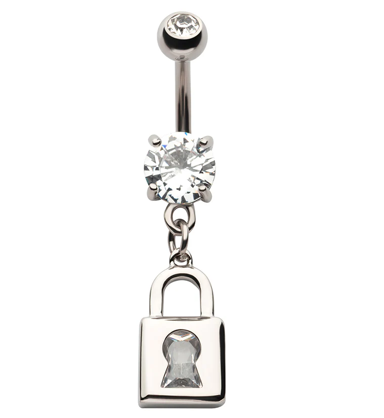 Lock CZ Dangle Stainless Steel Belly Button Ring - Mrs Treak
