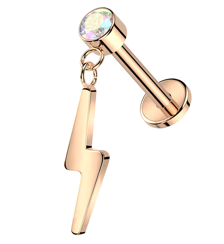 Rose Gold PVD Electric Bolt Dangle Rainbow Aurora CZ Titanium Threadless Labret - Mrs Treak