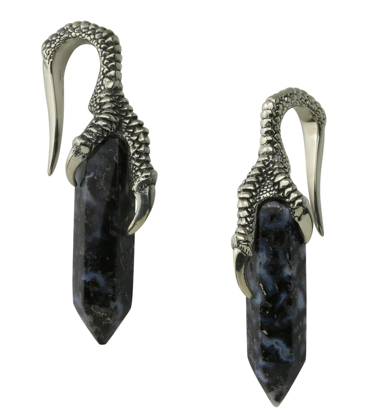 Blue Flame Petrified Palm Root Raven Claw White Brass Ear Weights - Mrs Treak