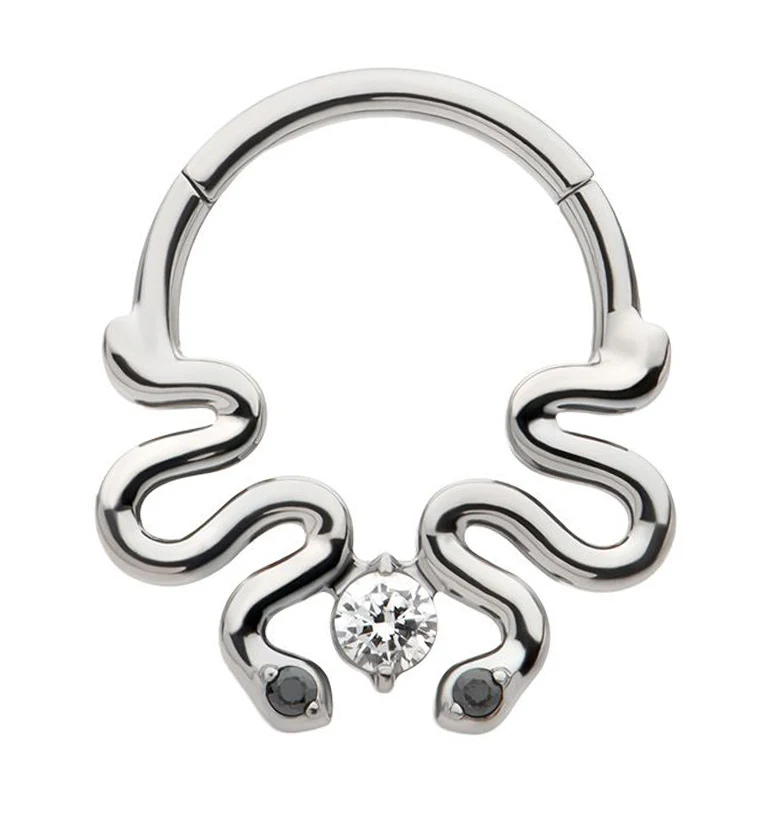 Double Curvy Snake Black CZ Eyes Hinged Segment Ring - Mrs Treak