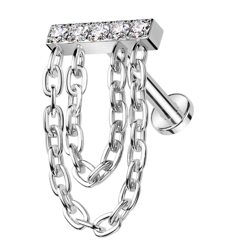 Bar Clear CZ Double Dangle Chain Titanium Internally Threaded Labret - Mrs Treak