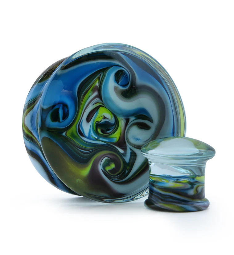 Blue Multi Chroma Swirl Glass Double Flare Plugs - Mrs Treak