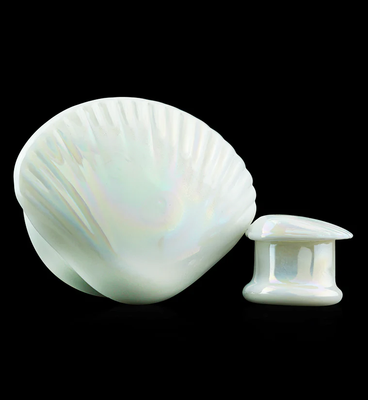Iridescent Seashell Glass Double Flare Plugs - Mrs Treak
