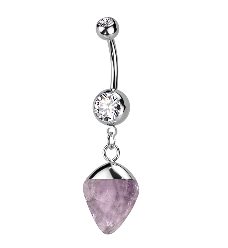 Apex Amethyst Stone Dangle Stainless Steel Belly Button Ring - Mrs Treak