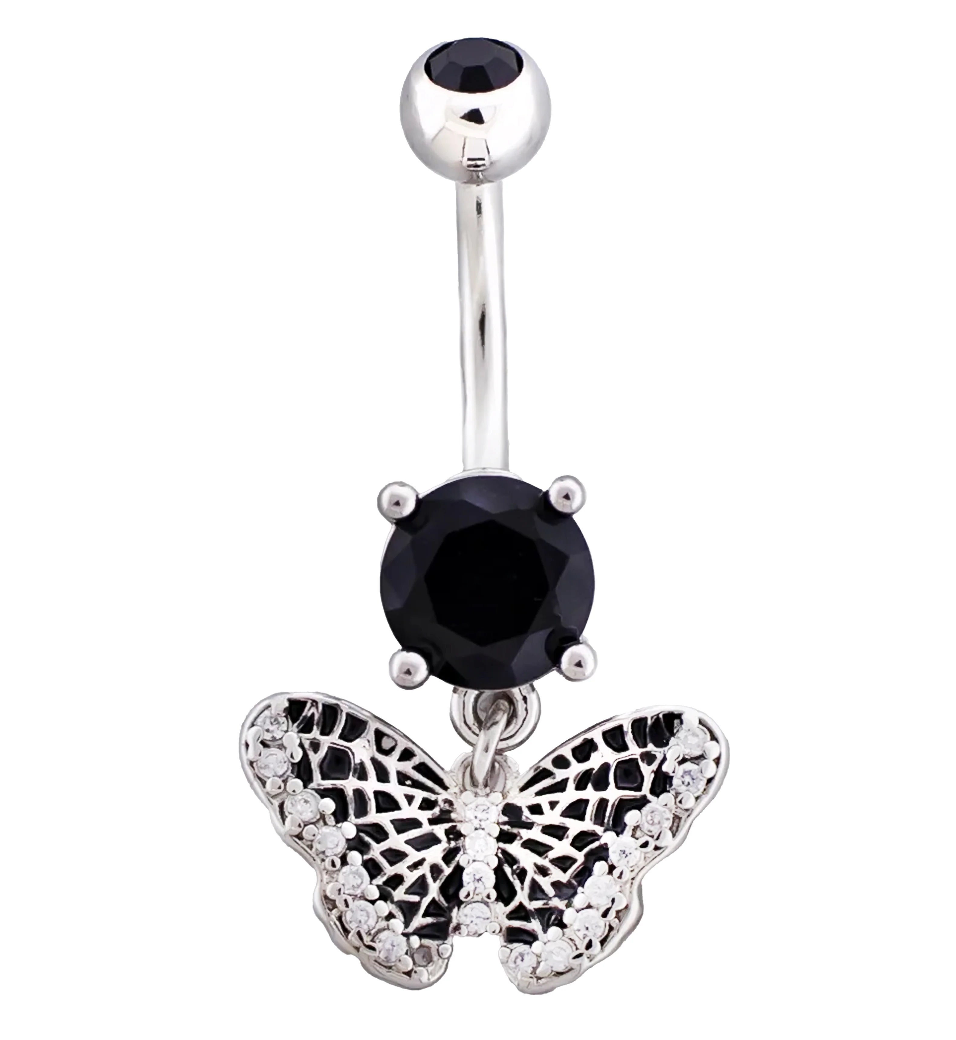 Spiderweb Butterfly Black CZ Dangle Stainless Steel Belly Button Ring - Mrs Treak