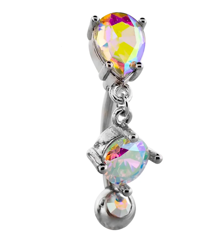 Teardrop Top Rainbow Aurora CZ Dangle Stainless Steel Belly Button Ring - Mrs Treak
