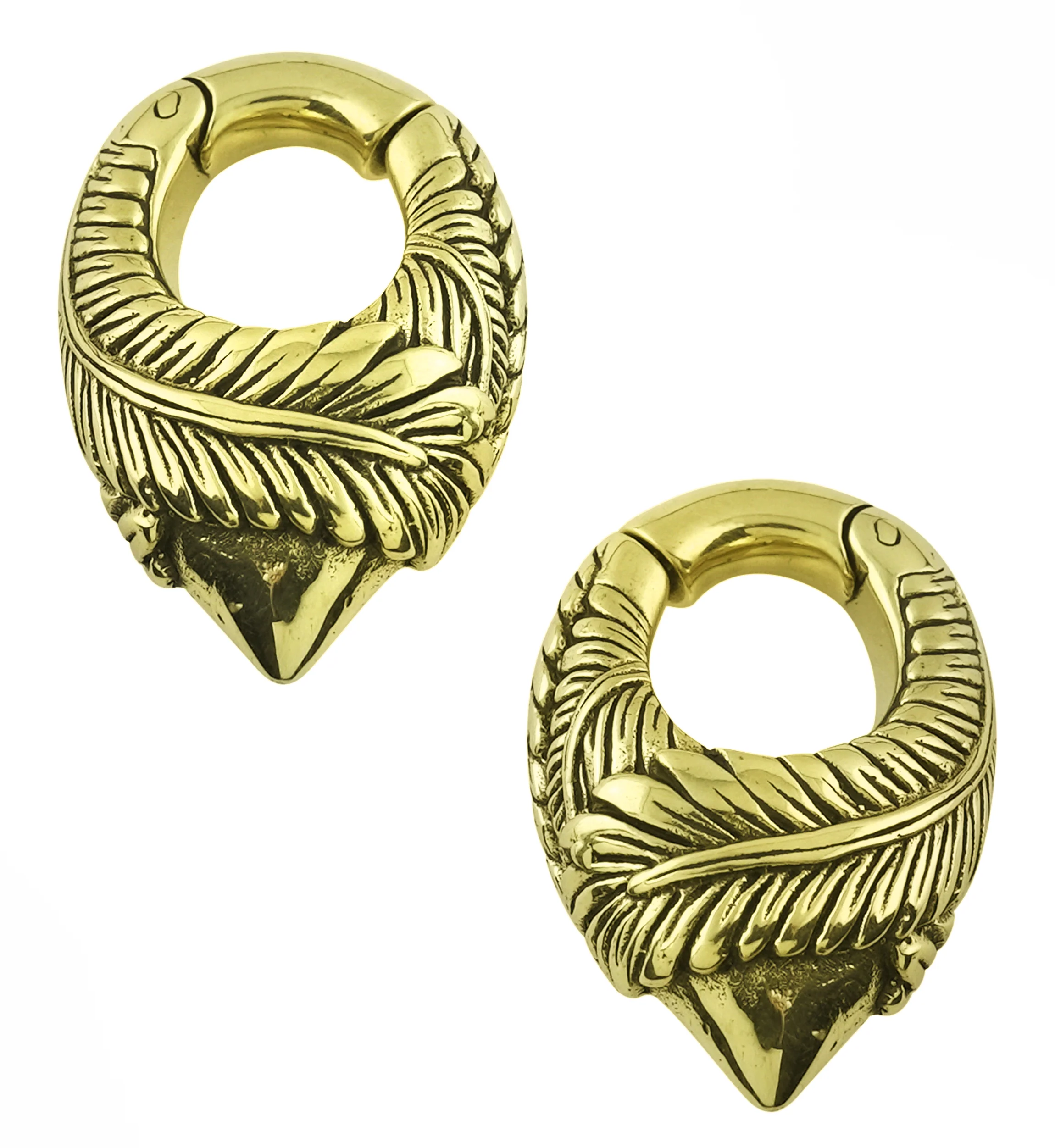 Feathered Brass Hinged Ear Weights - Mrs Treak