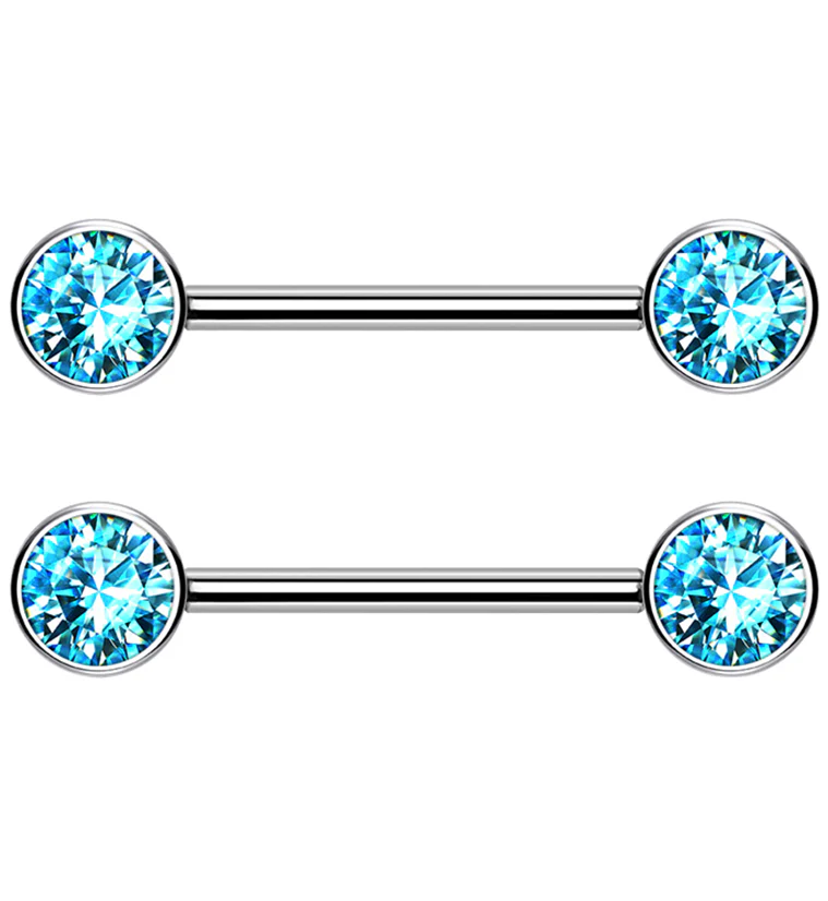 Dual Bezel Aqua CZ Titanium Threadless Nipple Ring Barbell - Mrs Treak