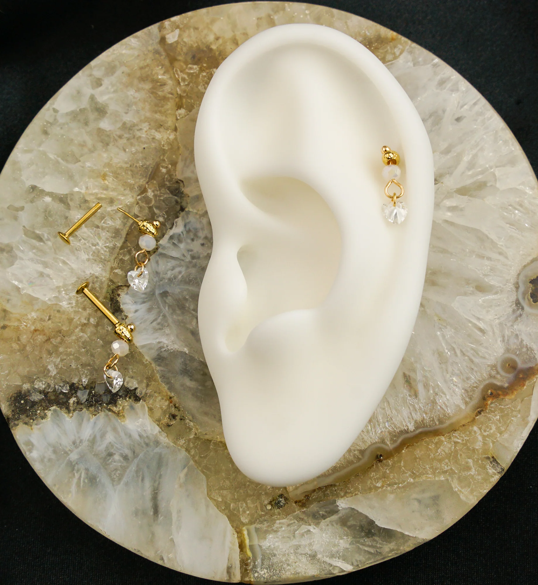 Gold PVD Faceted Bead Heart CZ Dangle Stainless Steel Convex Disc Threadless Labret - Mrs Treak