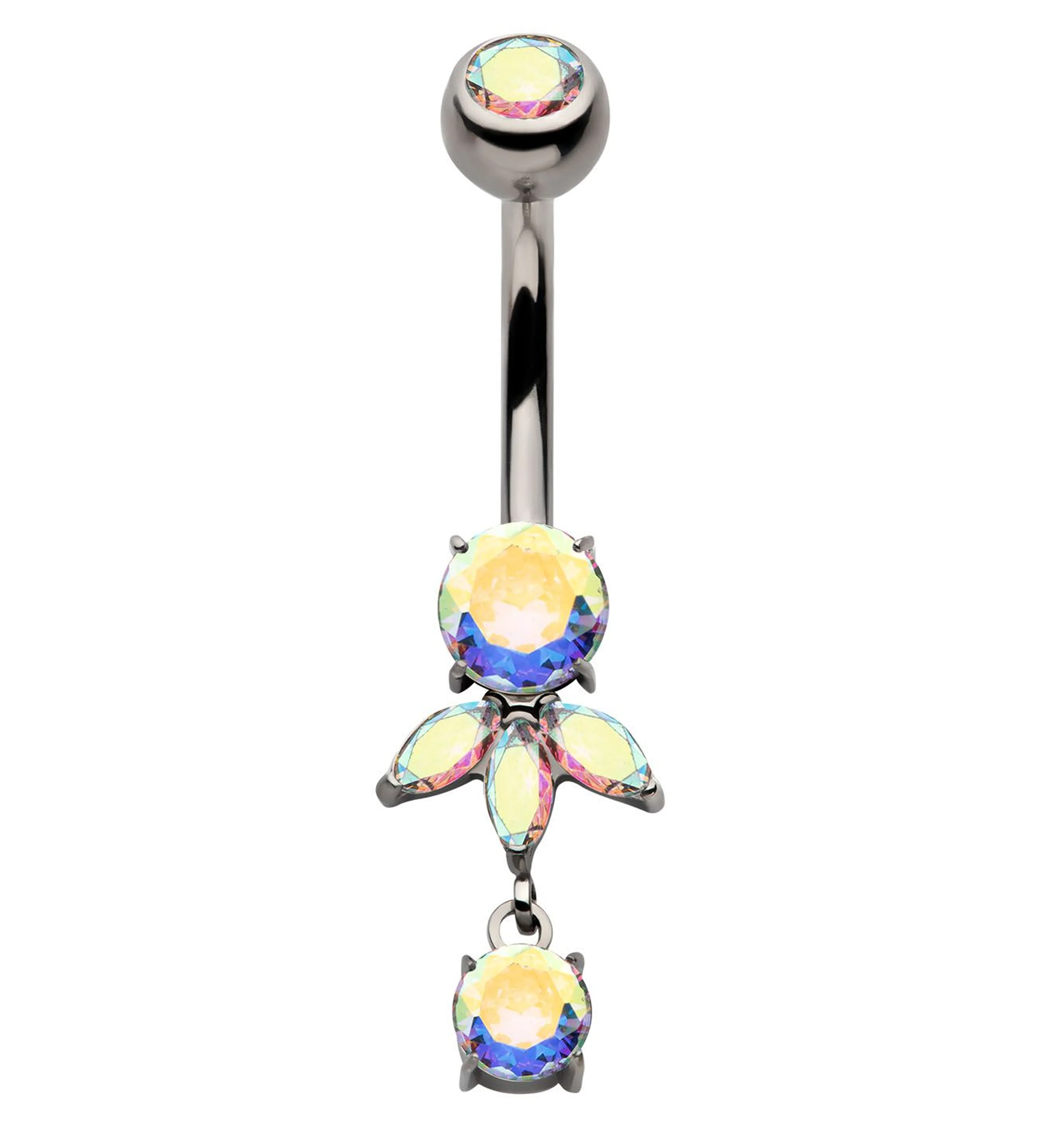 Sepal Dangle Rainbow Aurora CZ Internally Threaded Titanium Belly Button Ring - Mrs Treak