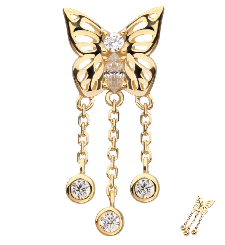 14kt Gold Butterfly Clear CZ Triple Dangle Chains Threadless Top - Mrs Treak