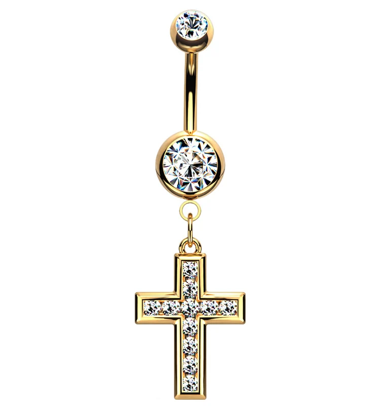 Gold PVD Cross CZ Belly Button Ring V2 - Mrs Treak