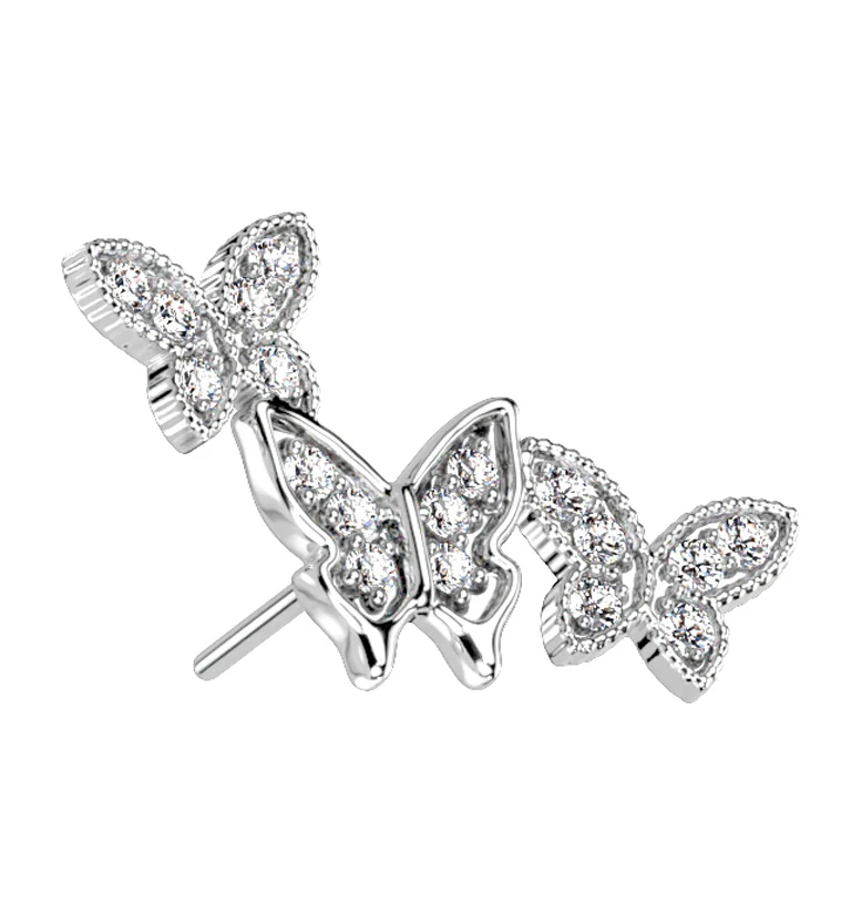 14kt White Gold Triple Butterfly CZ Threadless Top - Mrs Treak