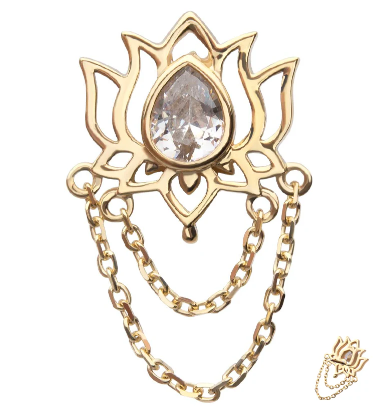 14kt Gold Lotus Clear CZ Dual Dangle Chains Threadless Top - Mrs Treak