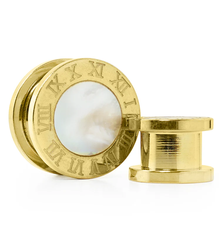 Gold PVD Roman Numeral MOP Stainless Steel Tunnels - Mrs Treak