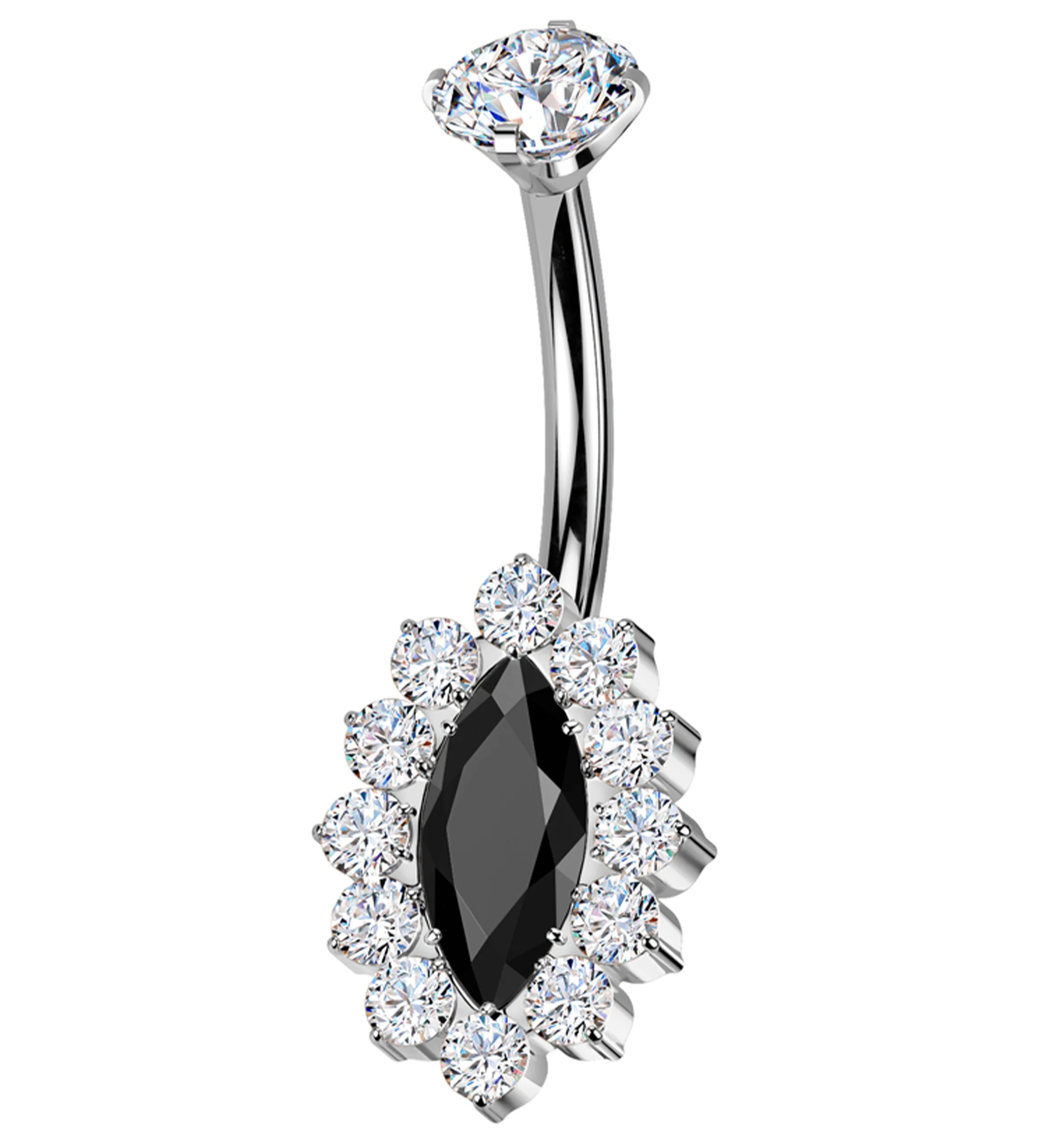 Ovoid Marquise Black CZ Titanium Internally Threaded Belly Button Ring - Mrs Treak