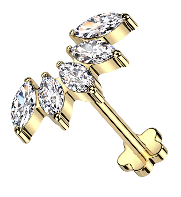 Gold PVD Half Crown Clear CZ Threadless Titanium Flower Back Labret - Mrs Treak