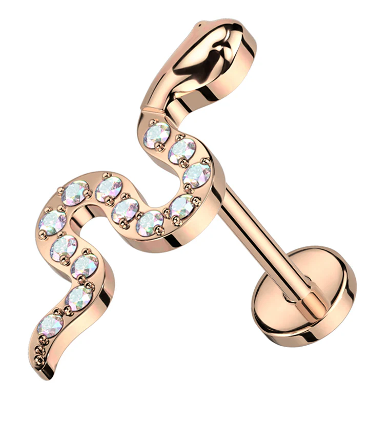Rose Gold PVD Snake Rainbow Aurora CZ Threadless Titanium Labret - Mrs Treak
