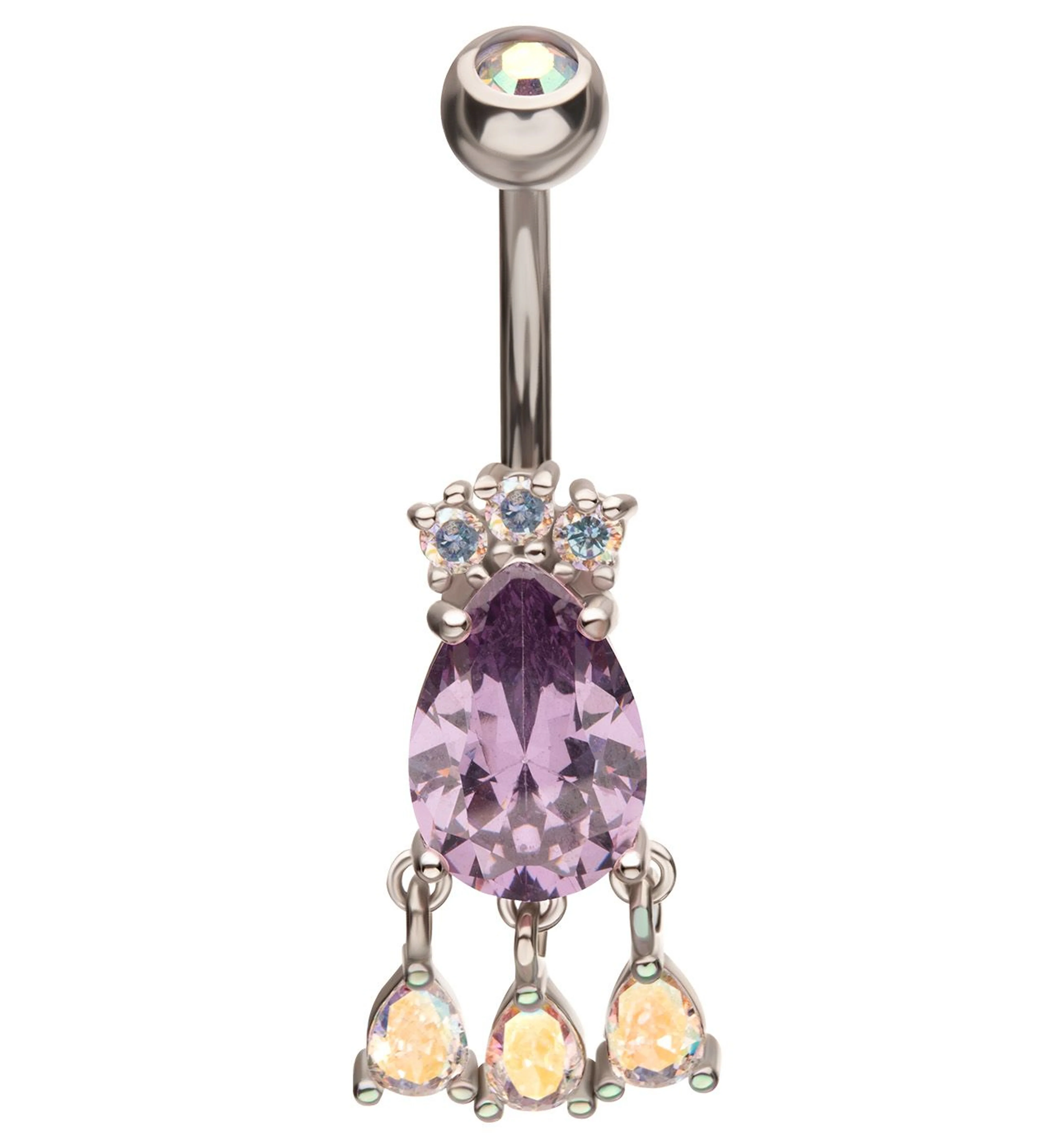 Triple Dangle Teardrop Amethyst And Rainbow Aurora CZ Stainless Steel Belly Button Ring - Mrs Treak