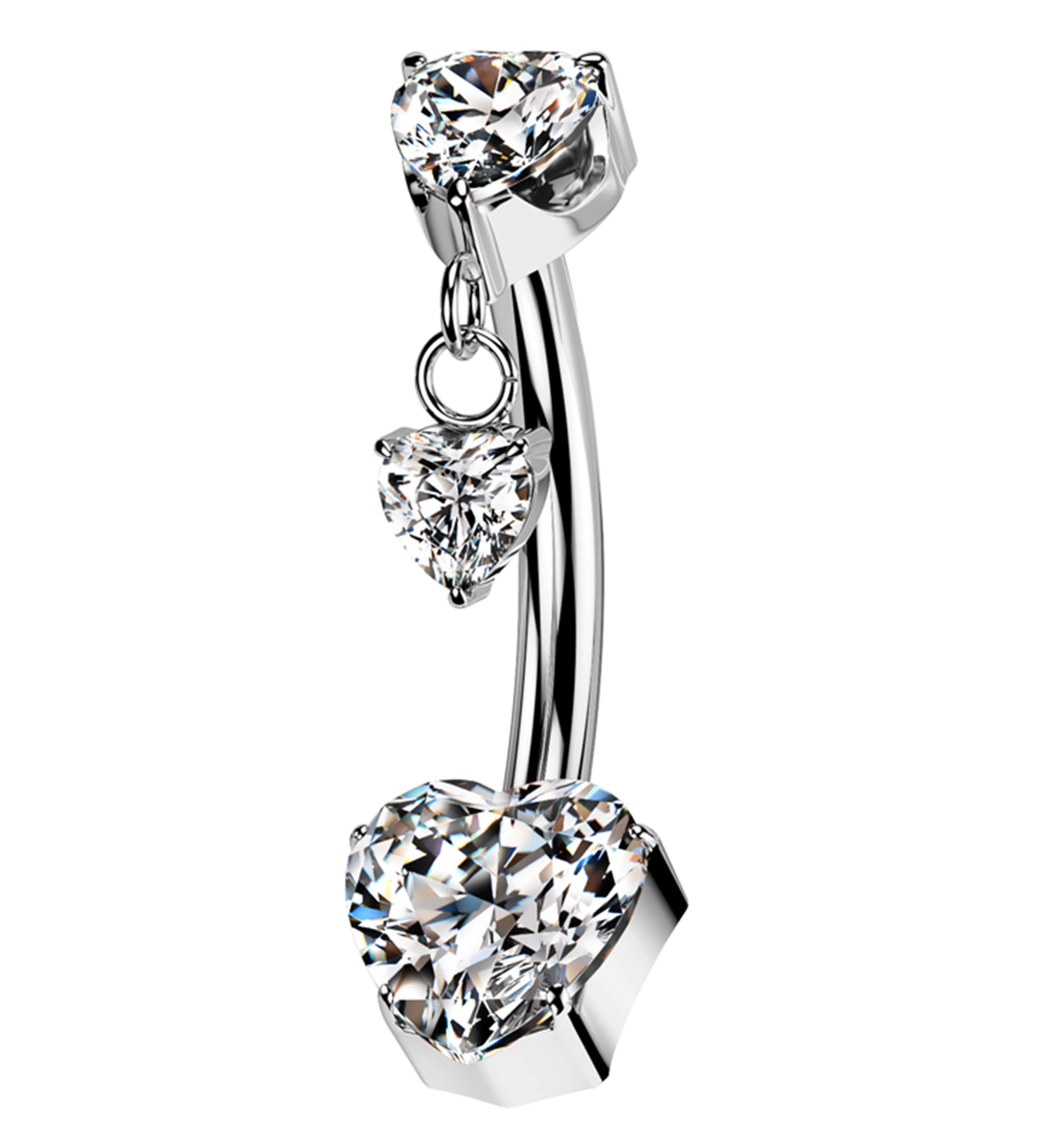 Hearts Dangle Clear CZ Titanium Threadless Belly Button Ring - Mrs Treak