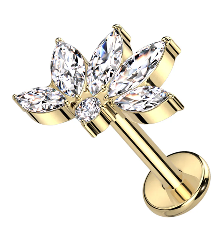 Gold PVD Lotus Flower Clear CZ Internally Threaded Titanium Labret - Mrs Treak