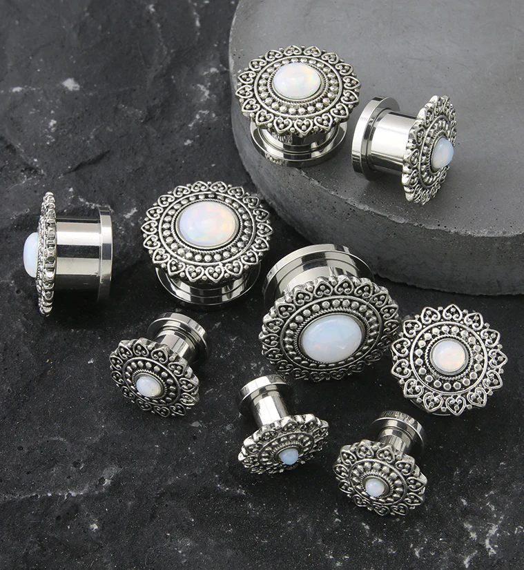 Florid White Opalite Stainless Steel Tunnel Plugs - Mrs Treak