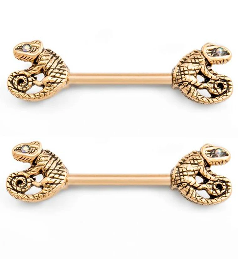 Gold PVD Chameleon Nipple Ring Barbell - Mrs Treak