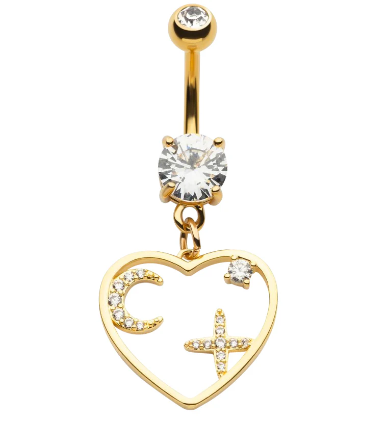 Gold PVD Heart Cutout Crescent Moon and Star CZ Dangle Belly Button Ring - Mrs Treak