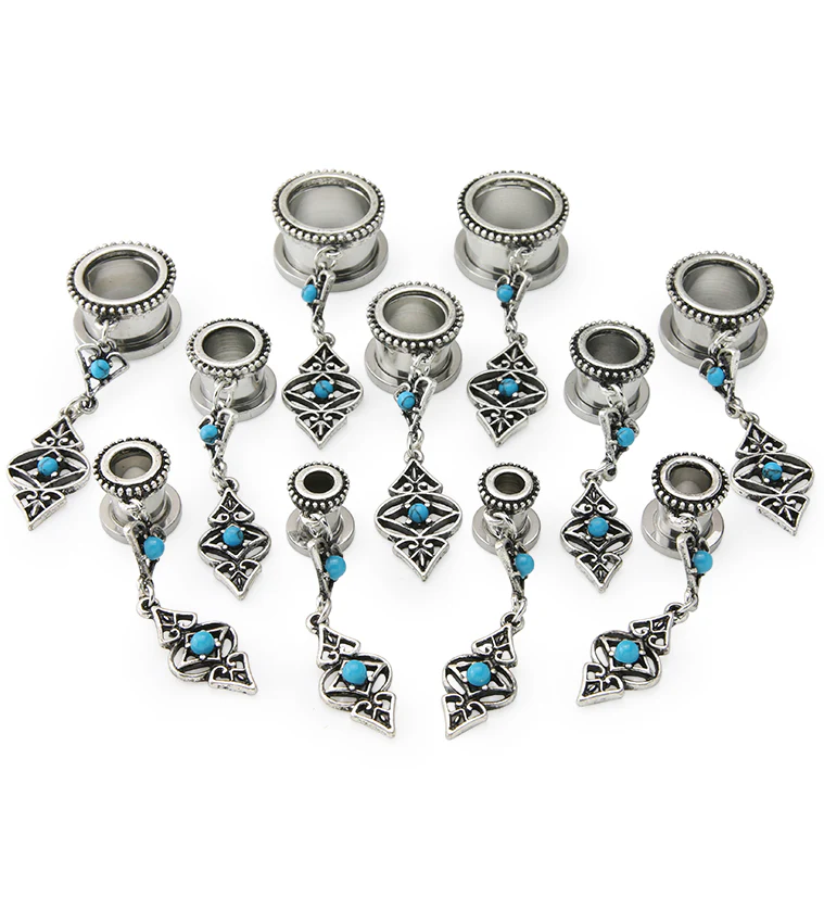 Turquoise Howlite Dangle Charm Stainless Steel Tunnel Plugs - Mrs Treak