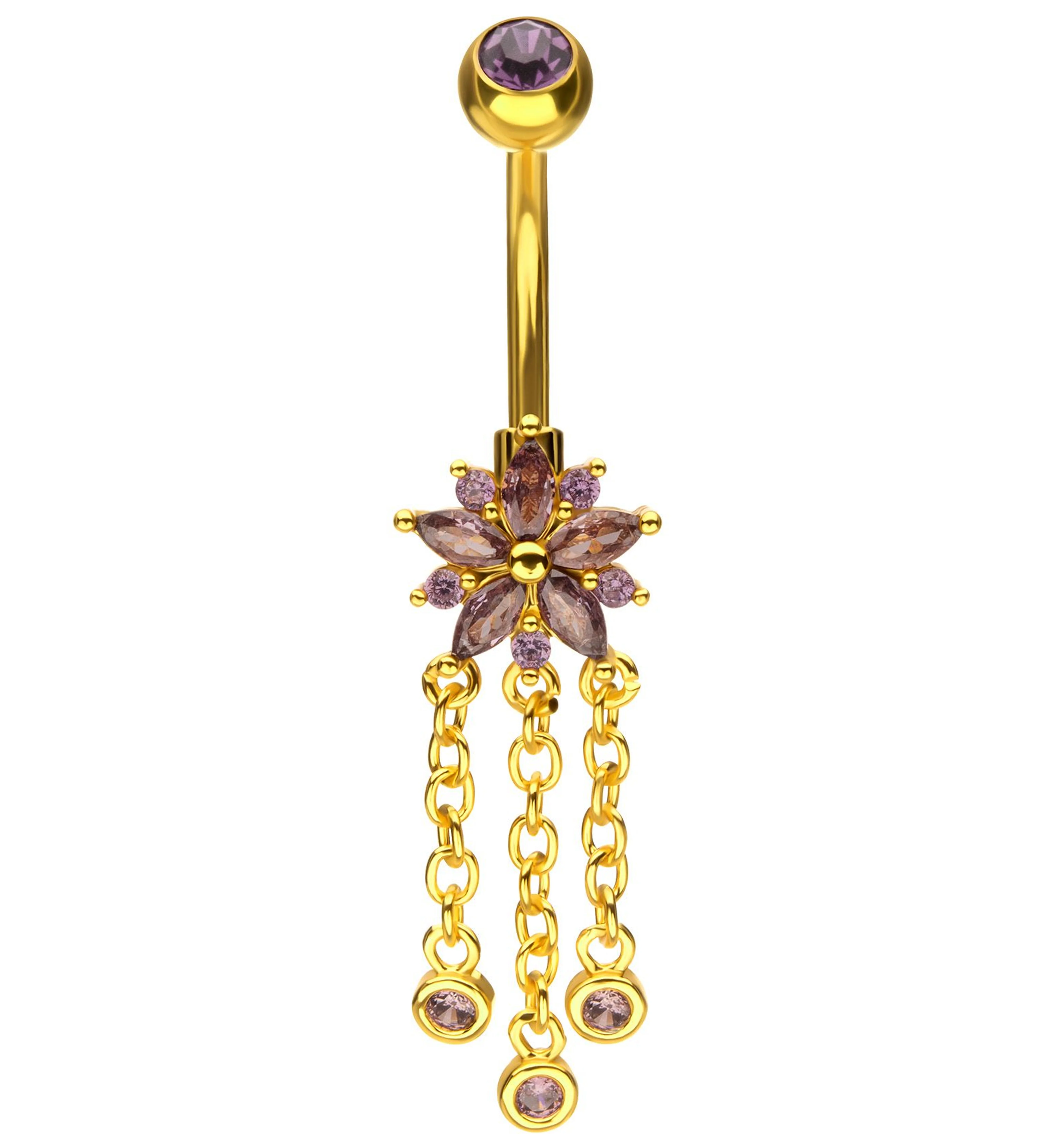 Gold PVD Flower Triple Amethyst CZ Dangle Stainless Steel Belly Button Ring - Mrs Treak