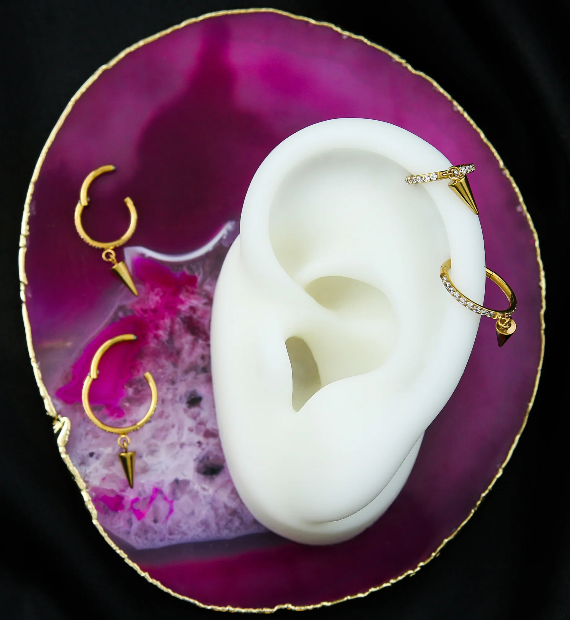 Gold PVD Side Facing Cone Dangle Clear CZ Row Titanium Hinged Segment Ring - Mrs Treak