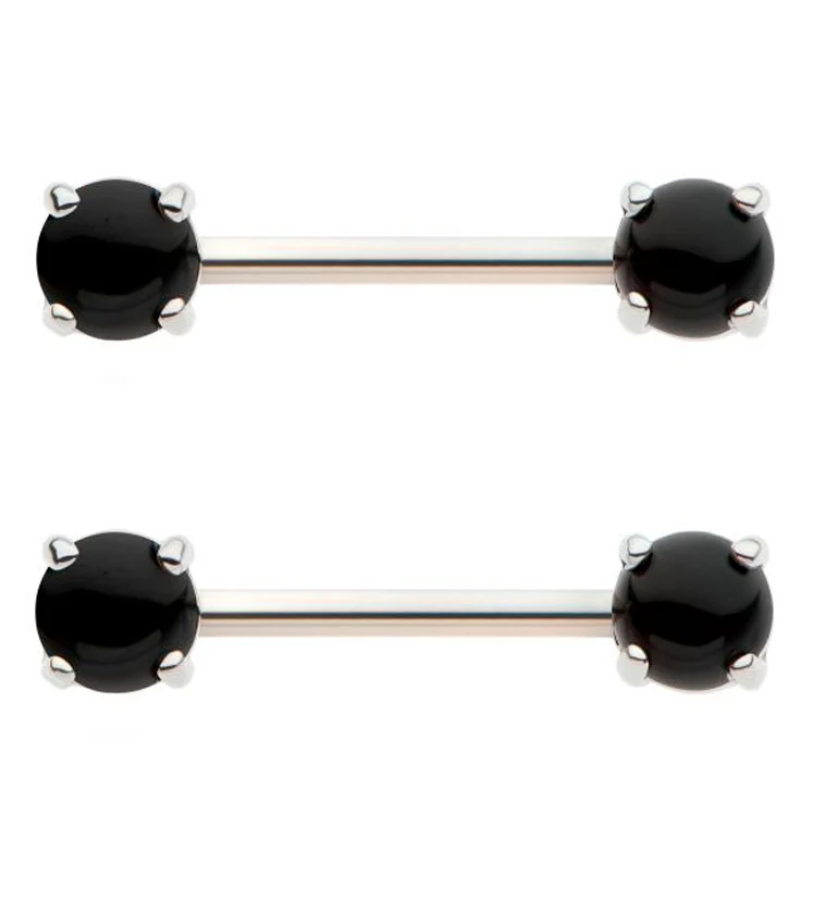 Black Agate Stone Prong Stainless Steel Nipple Barbell - Mrs Treak