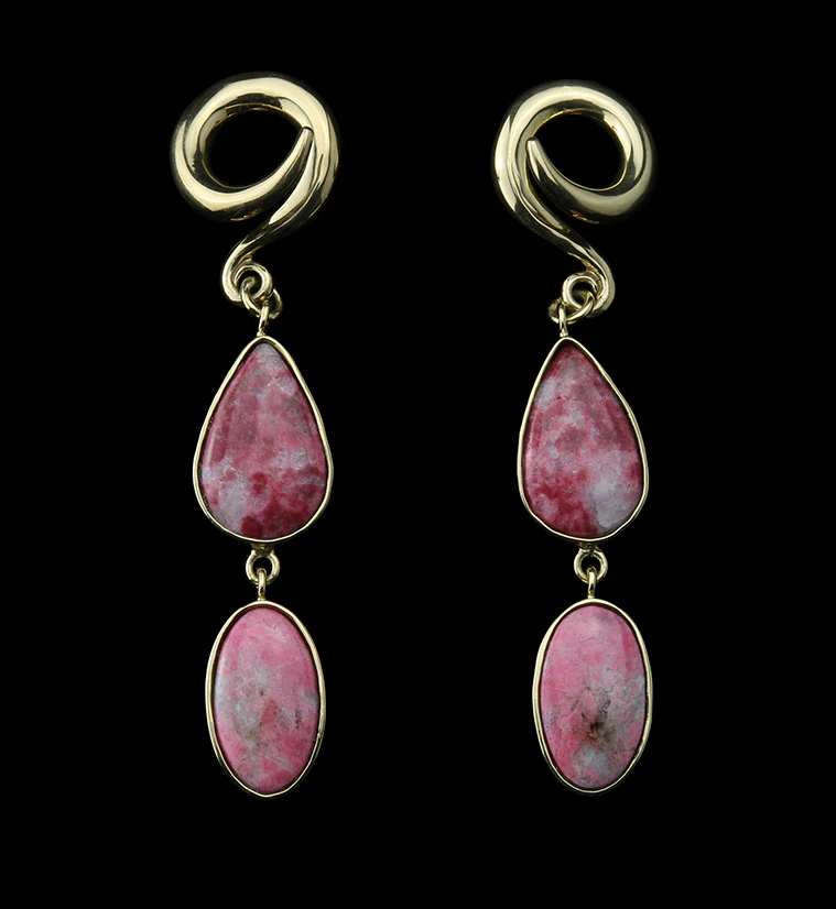 Double Pink Agate Stone Brass Ear Weights Version 3 - Mrs Treak