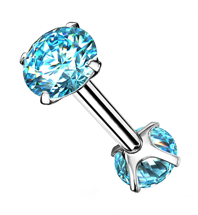 Aqua Double Square CZ Prong Set Stainless Steel Barbell - Mrs Treak