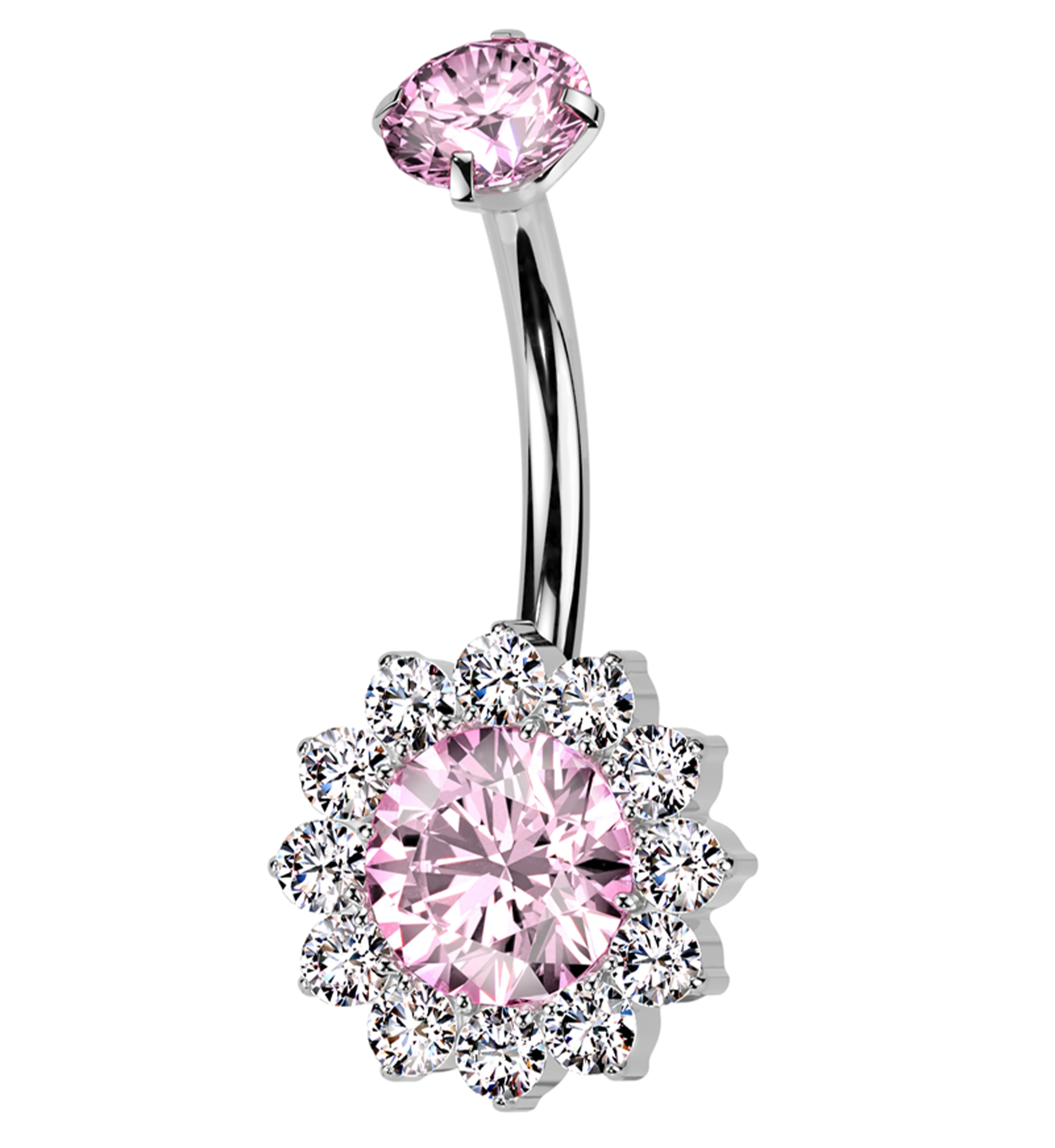 Pink CZ Bold Flower Titanium Internally Threaded Belly Button Ring - Mrs Treak