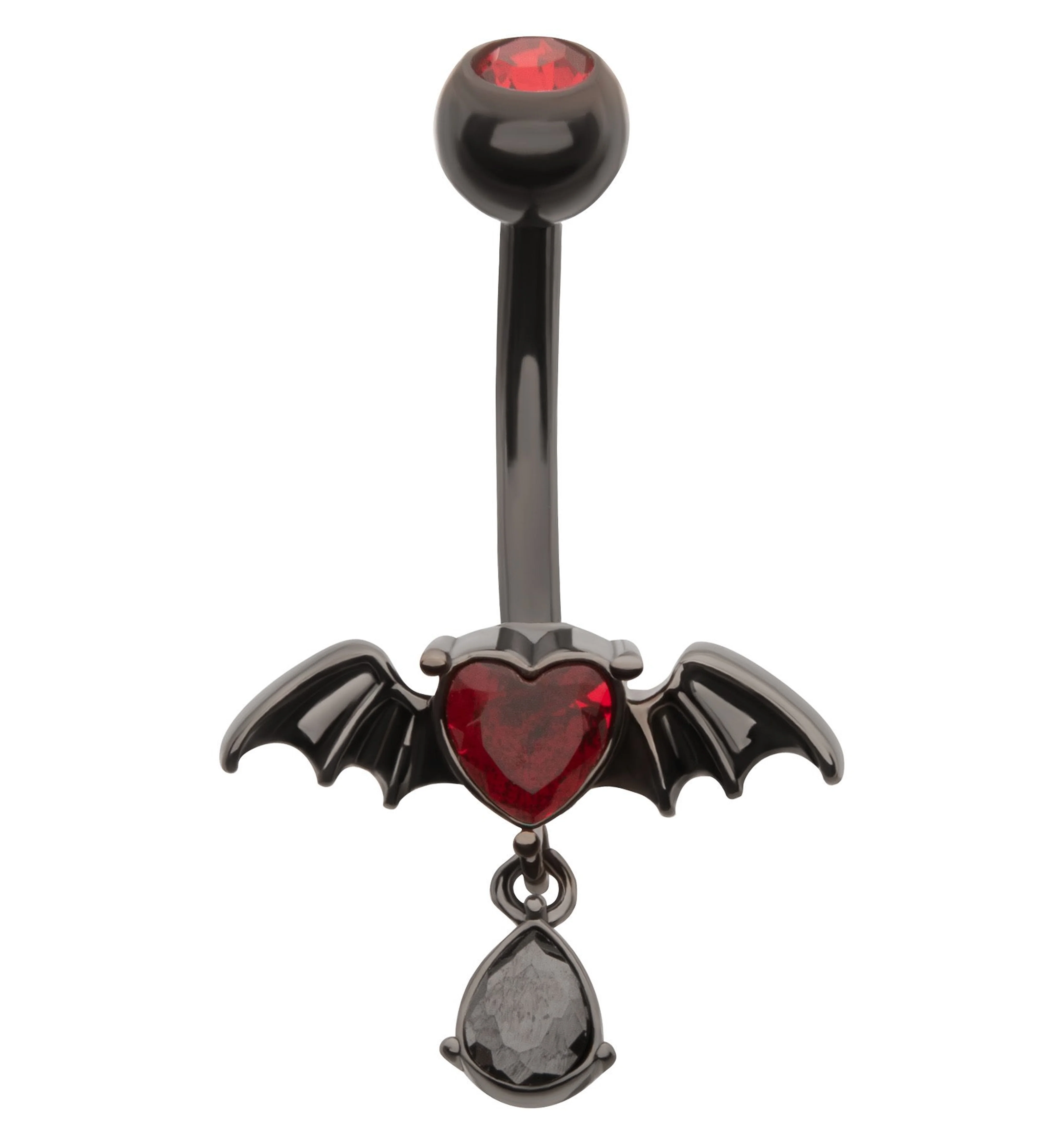 Black PVD Bat Red Heart Dangle CZ Stainless Steel Belly Button Ring - Mrs Treak