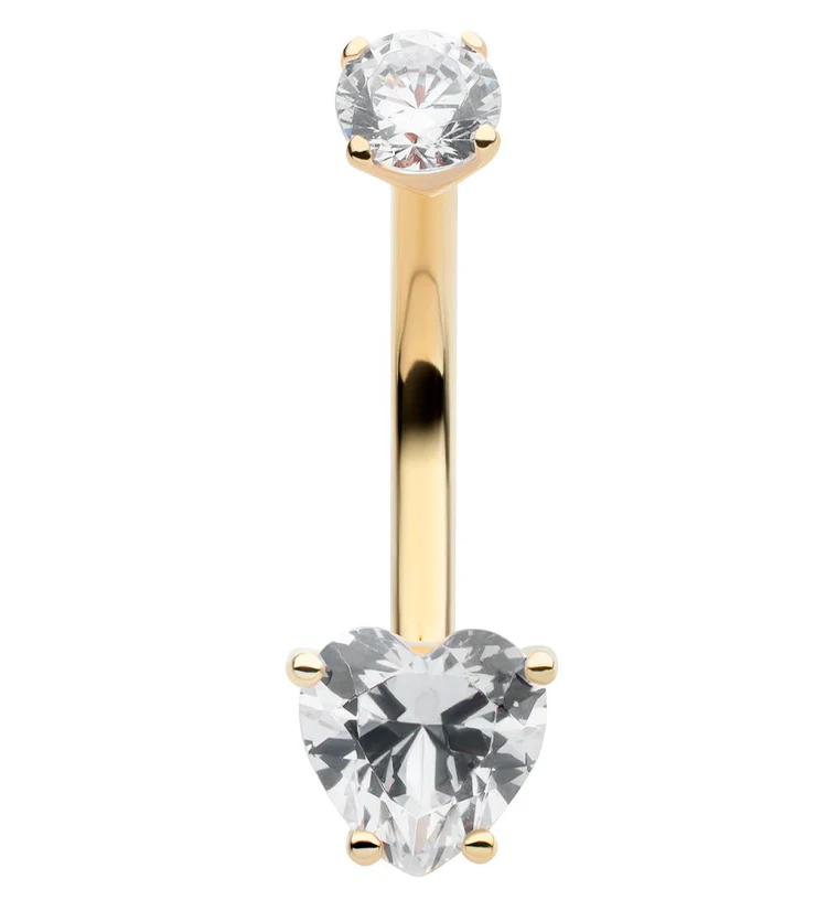 14kt Gold Heart Clear CZ Belly Button Ring - Mrs Treak