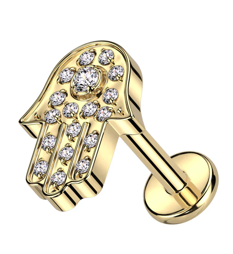 Gold PVD Hamsa Hand Clear CZ Internally Threaded Titanium Labret - Mrs Treak