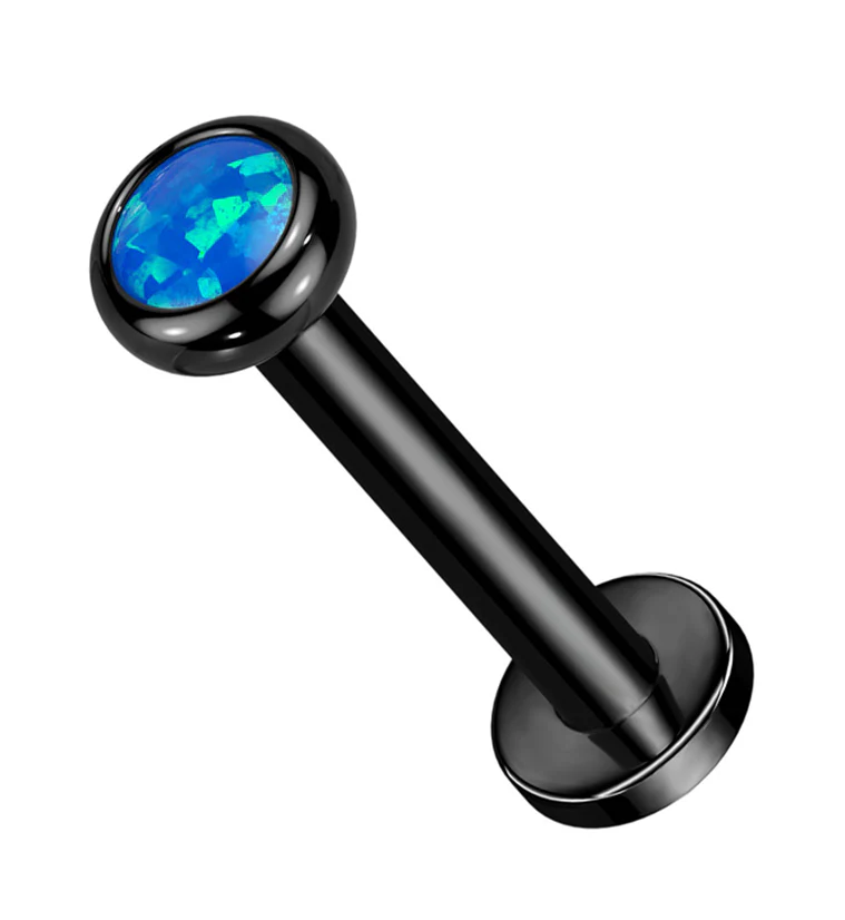Black PVD Flat Bezel Blue Opalite Internally Threaded Titanium Labret - Mrs Treak
