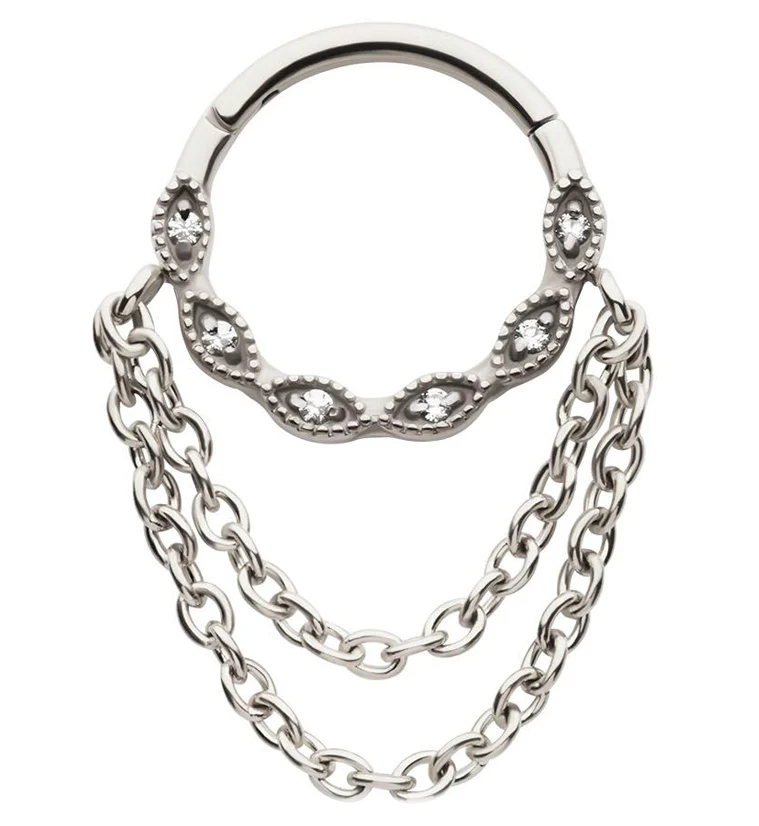 Twist Beaded CZ Double Dangle Chain Stainless Steel Hinged Segment Ring - Mrs Treak