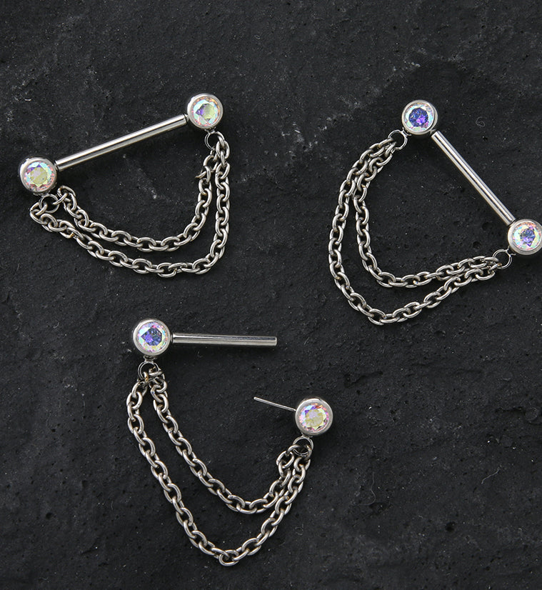 Dangle Chain Rainbow Aurora CZ Threadless Titanium Nipple Bars - Mrs Treak