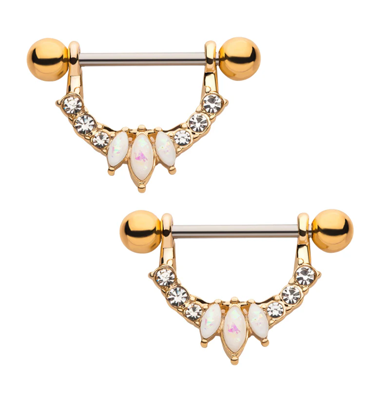 Gold PVD Apex White Opalilte Clear CZ Nipple Ring Barbell - Mrs Treak