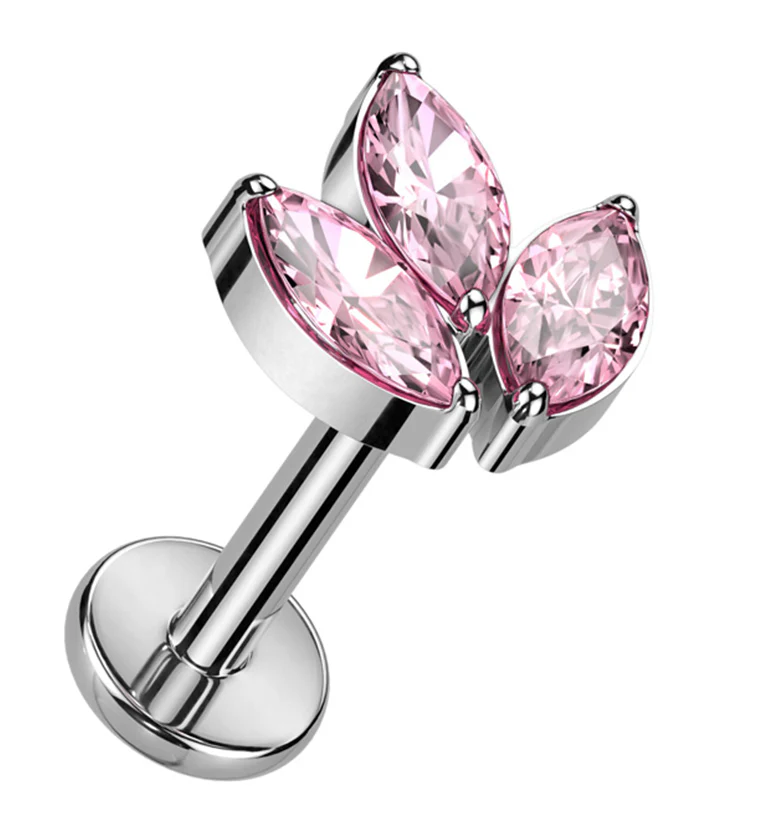 Tri Sepal Pink CZ Titanium Internally Threaded Labret - Mrs Treak