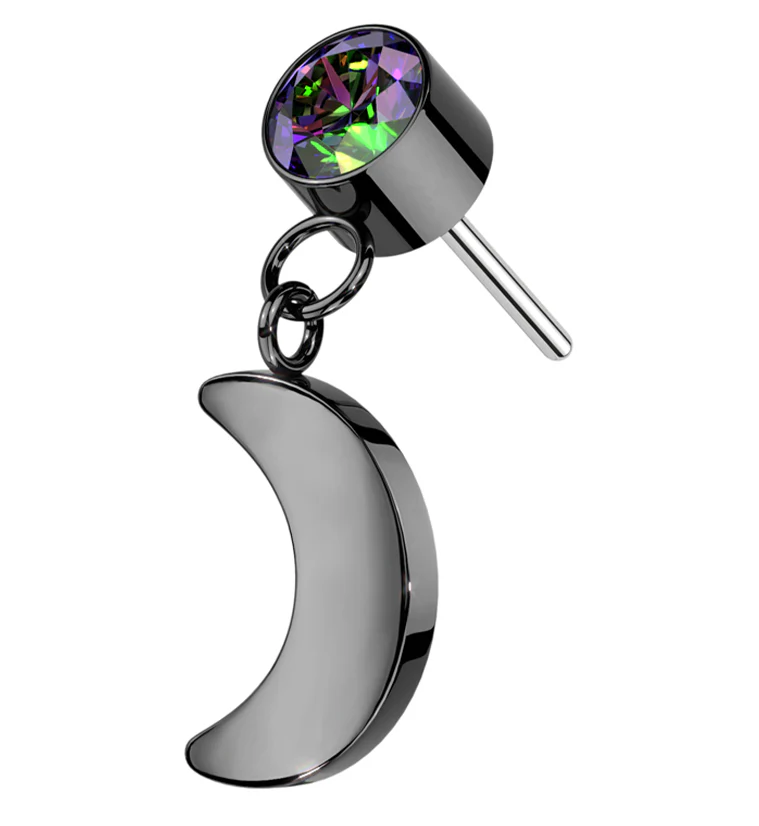 Black PVD Black Aurora CZ Dangle Crescent Moon Titanium Threadless Top - Mrs Treak