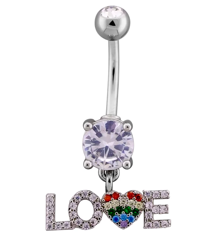LOVE Rainbow Heart CZ Dangle Stainless Steel Belly Button Ring - Mrs Treak