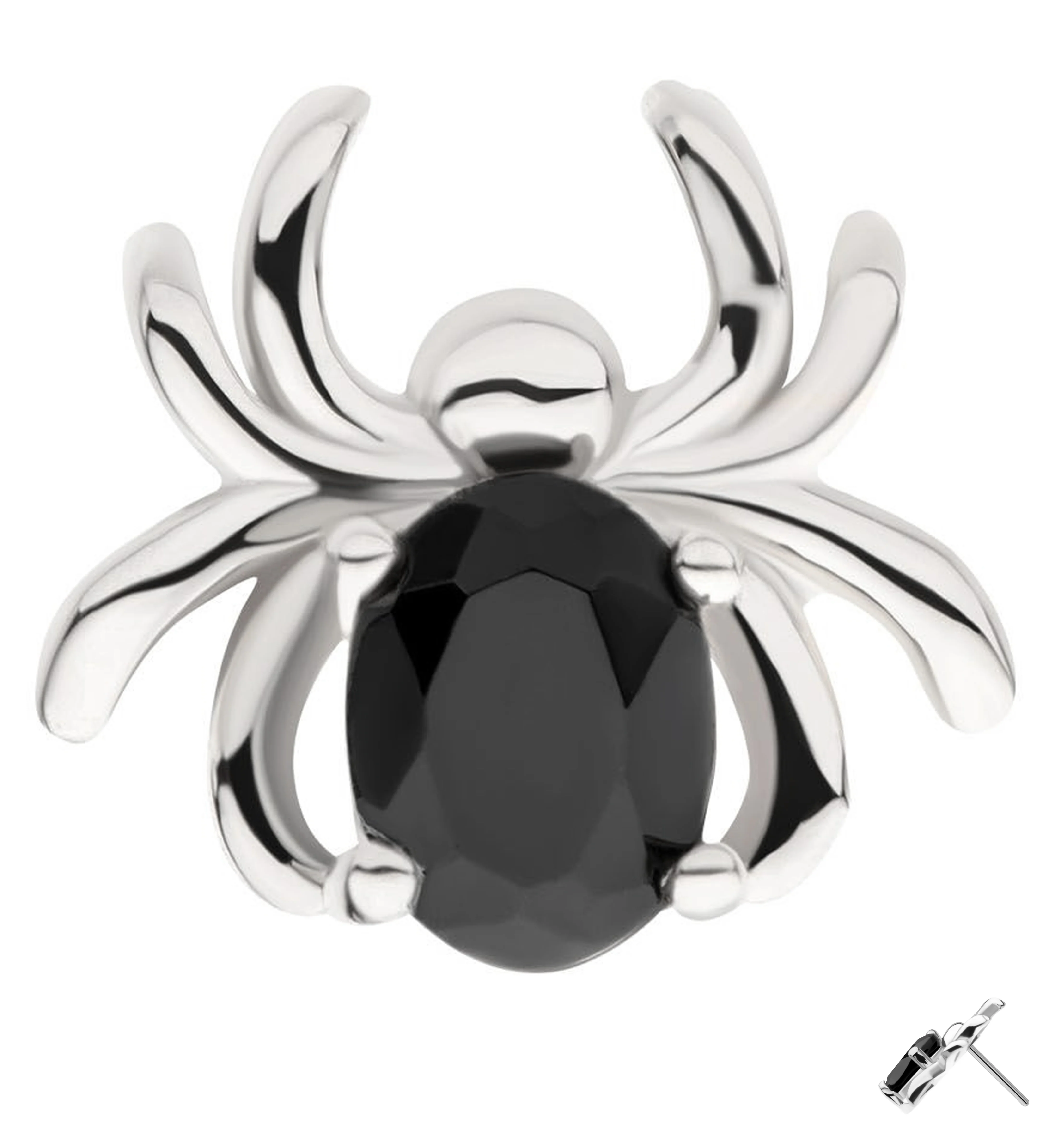 14kt White Gold Spider Oval Black CZ Threadless Top - Mrs Treak