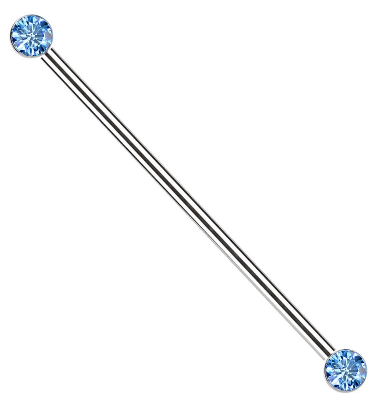 Bezel Aqua CZ Threadless Titanium Industrial Barbell - Mrs Treak