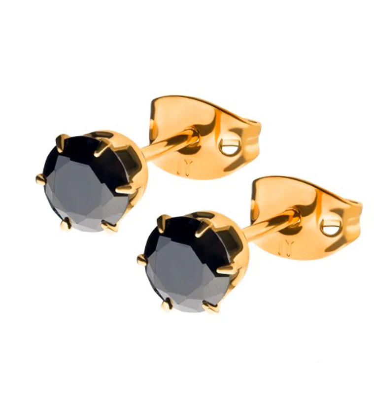 24kt Gold PVD Black CZ Prong Titanium Earrings - Mrs Treak