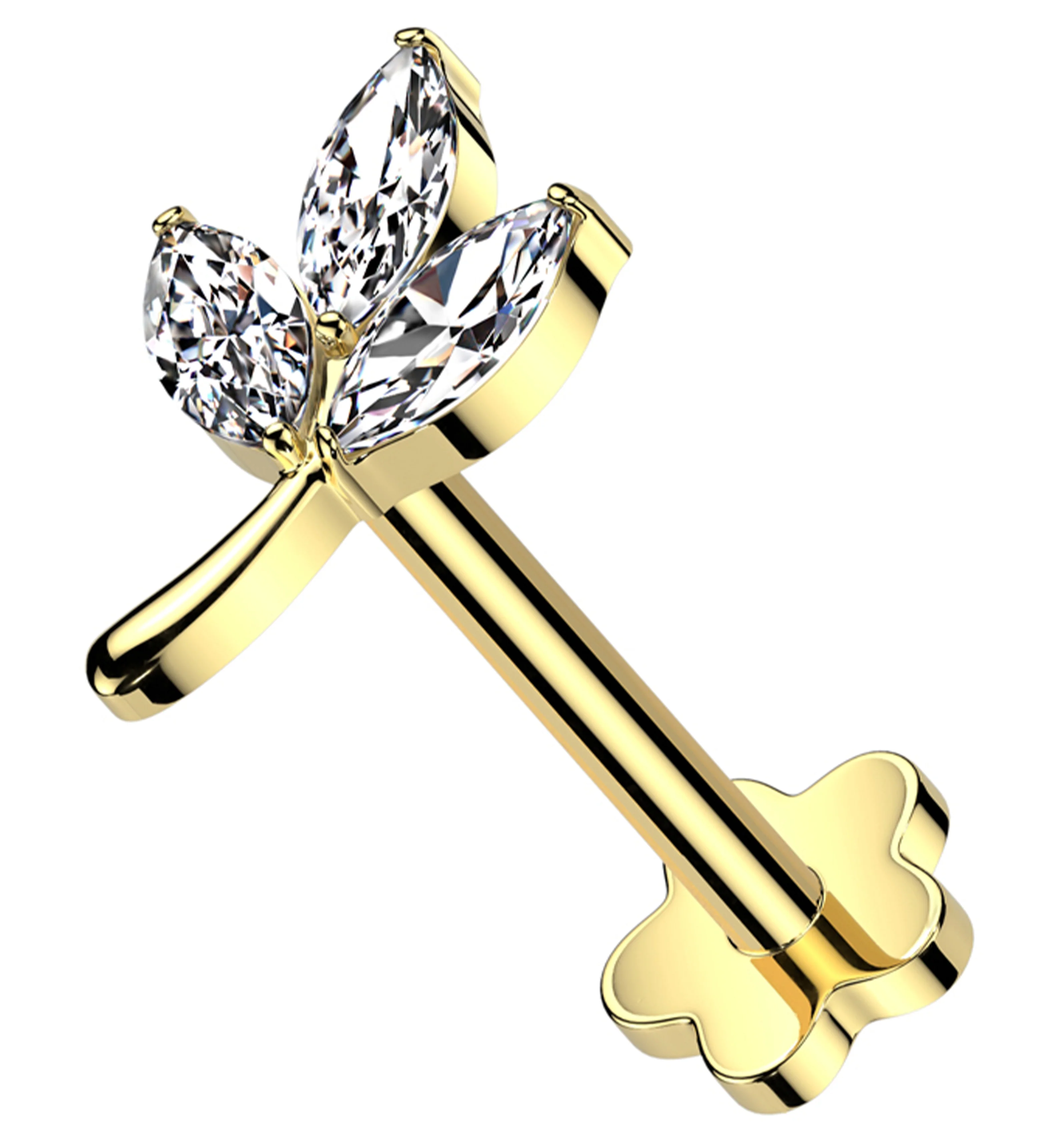 Gold PVD Marquise Leaf Clear CZ Flower Back Titanium Threadless Labret - Mrs Treak