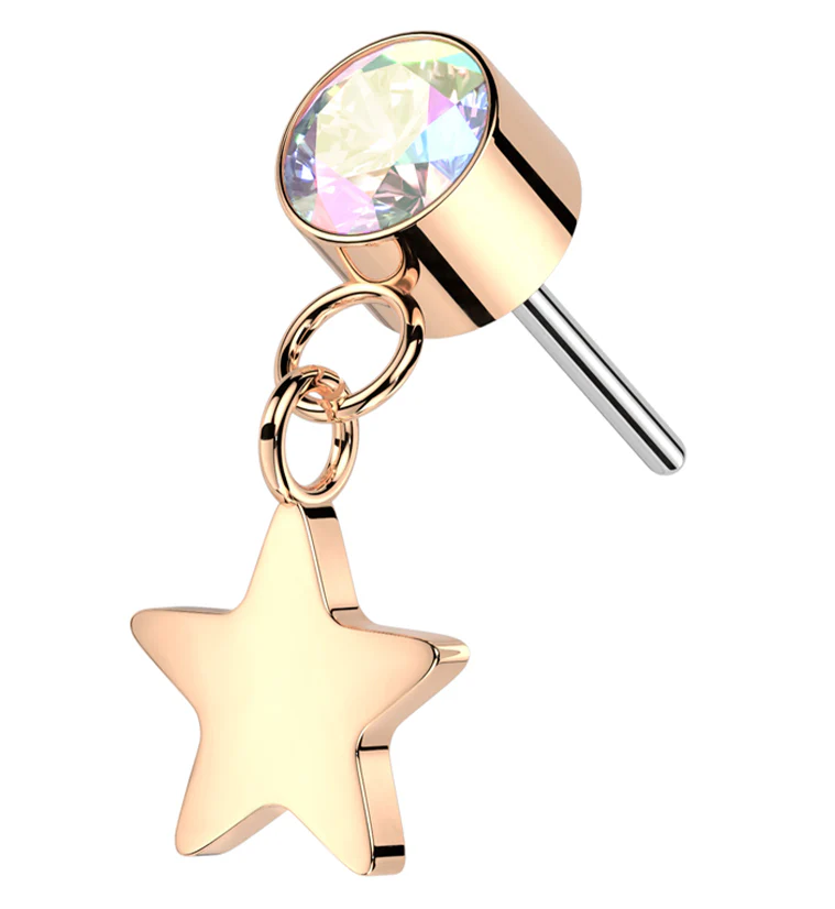 Rose Gold PVD Rainbow Aurora CZ Dangle Star Titanium Threadless Top - Mrs Treak